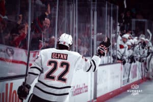 UNO Mavericks player, Jimmy Glynn, celebrates a goal during a college hockey game on Dec 29, 2024 in Omaha, Nebraska. Photo by Logan Hock