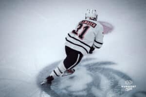 UNO Mavericks player, Tyler Rollwagen, during a college hockey game on Dec 29, 2024 in Omaha, Nebraska. Photo by Logan Hock