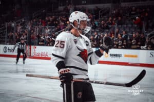 UNO Mavericks Cameron Mitchell celebrates a goal during a college hockey game on December 29, 2024 in Omaha, Nebraska. Photo by Logan Hock.