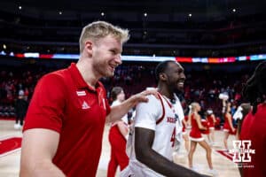 Nebraska Cornhuskers Rienk Mast walks off the court with Juwan Gary after the win over Southern University Jaguars during college basketball game, Monday, December 30, 2024, in Lincoln, Nebraska. Photo by John S. Peterson.