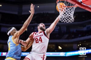Nebraska Cornhuskers guard Rollie Worster (24) makes a layup against Southern University Jaguars center Brentay Noel (0) during college basketball game, Monday, December 30, 2024, in Lincoln, Nebraska. Photo by John S. Peterson.