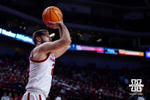 Nebraska Cornhuskers guard Rollie Worster (24) makes a basket against the Southern University Jaguars in the second half during college basketball game, Monday, December 30, 2024, in Lincoln, Nebraska. Photo by John S. Peterson.