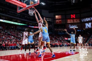 Nebraska Cornhuskers center Braxton Meah (34) makes a basket against the Southern University Jaguars in the first half during college basketball game, Monday, December 30, 2024, in Lincoln, Nebraska. Photo by John S. Peterson.