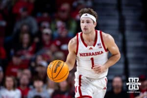 Nebraska Cornhuskers guard Sam Hoiberg (1) dribbles the ball down the court against the Southern University Jaguars in the first half during college basketball game, Monday, December 30, 2024, in Lincoln, Nebraska. Photo by John S. Peterson.