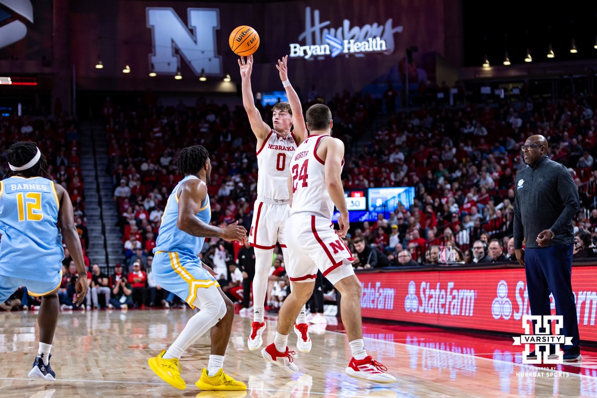Nebraska Basketball v Southern | December 30, 2024. Nebraska Cornhuskers guard Connor Essegian (0) makes a three-point shto against the Southern University Jaguars in teh first half during college basketball game, Monday, December 30, 2024, in Lincoln, Nebraska. Photo by John S. Peterson.