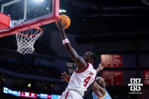 Nebraska Cornhuskers forward Juwan Gary (4) drives to the basket against Southern University Jaguars forward AJ Barnes (12) in the first half during college basketball game, Monday, December 30, 2024, in Lincoln, Nebraska. Photo by John S. Peterson.
