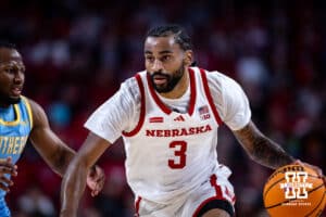 Nebraska Cornhuskers Brice Williams (3) drives the lane against Southern in the first half during college basketball game, Monday, December 30, 2024, in Lincoln, Nebraska. Photo by John S. Peterson.