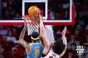 Nebraska Cornhuskers center Braxton Meah (34) blocks a layup against Southern University Jaguars center Brentay Noel (0)in the first half during college basketball game, Monday, December 30, 2024, in Lincoln, Nebraska. Photo by John S. Peterson.