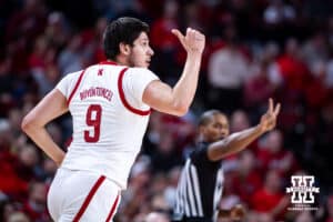 Nebraska Cornhuskers forward Berke Buyuktuncel (9) runs back down the court against Southern University Jaguars during college basketball game, Monday, December 30, 2024, in Lincoln, Nebraska. Photo by John S. Peterson.