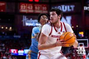 Nebraska Cornhuskers forward Berke Buyuktuncel (9) looks to make a move against the Southern University Jaguars in the first half during college basketball game, Monday, December 30, 2024, in Lincoln, Nebraska. Photo by John S. Peterson.