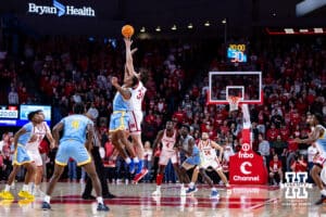 Nebraska Cornhuskers center Braxton Meah (34) gets the tip against the Southern University Jaguars during college basketball game, Monday, December 30, 2024, in Lincoln, Nebraska. Photo by John S. Peterson.