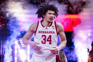 Nebraska Cornhuskers center Braxton Meah (34) runs out to take on the Southern University Jaguars during college basketball game, Monday, December 30, 2024, in Lincoln, Nebraska. Photo by John S. Peterson.