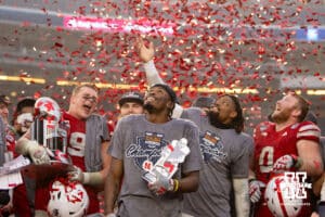 Nebraska Cornhuskers running back Rahmir Johnson (14) was awarded the MVP trophy after the win over the Boston College Eagles during the Pinstripe Bowl game, Saturday, December 28, 2024, in New York, New York. Photo by John S. Peterson.