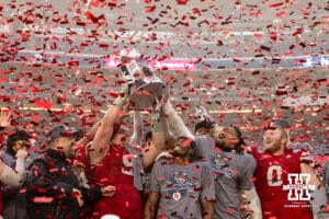 Nebraska Cornhuskers celebrate the win over the Boston College Eagles during the Pinstripe Bowl game, Saturday, December 28, 2024, in New York, New York. Photo by John S. Peterson.