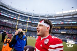 Nebraska Cornhuskers quarterback Dylan Raiola (15) celebrating the win over the Boston College Eagles during the Pinstripe Bowl game, Saturday, December 28, 2024, in New York, New York. Photo by John S. Peterson.