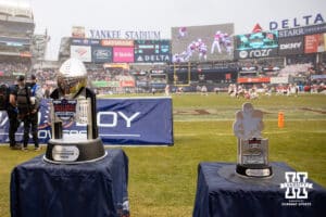 Bad Boy Mowers Pinstripe Bowl Championship trophy and the MVP trophy on display during the Pinstripe Bowl game, Saturday, December 28, 2024, in New York, New York. Photo by John S. Peterson.