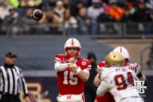 Nebraska Cornhuskers quarterback Dylan Raiola (15) makes a pass against the Boston College Eagles during the Pinstripe Bowl game, Saturday, December 28, 2024, in New York, New York. Photo by John S. Peterson.