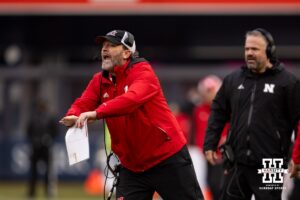 Nebraska Cornhuskers defensive coordinator John Butler giving a sign against the Boston College Eagles during the Pinstripe Bowl game, Saturday, December 28, 2024, in New York, New York. Photo by John S. Peterson.