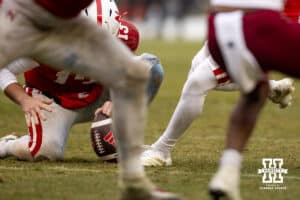Nebraska Cornhuskers place kicker John Hohl (90) kicks an extra point against the Boston College Eagles during the Pinstripe Bowl game, Saturday, December 28, 2024, in New York, New York. Photo by John S. Peterson.