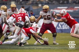Nebraska Cornhuskers defensive lineman Elijah Jeudy (16) recovers a fumble against the Boston College Eagles in the third quarter during the Pinstripe Bowl game, Saturday, December 28, 2024, in New York, New York. Photo by John S. Peterson.