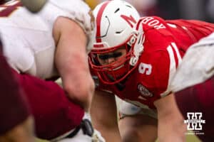 Nebraska Cornhuskers defensive lineman Ty Robinson (9) lined up and ready to go against the Boston College Eagles during the Pinstripe Bowl game, Saturday, December 28, 2024, in New York, New York. Photo by John S. Peterson.
