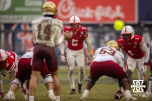 Nebraska Cornhuskers linebacker John Bullock (5) lines up against Boston College Eagles quarterback Grayson James (14) during the Pinstripe Bowl game, Saturday, December 28, 2024, in New York, New York. Photo by John S. Peterson.