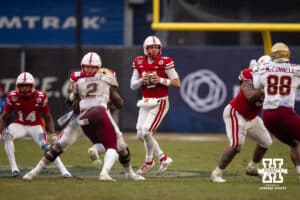 Nebraska Cornhuskers quarterback Dylan Raiola (15) drops back to pass against the Boston College Eagles during the Pinstripe Bowl game, Saturday, December 28, 2024, in New York, New York. Photo by John S. Peterson.