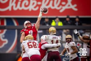 Nebraska Cornhuskers defensive lineman Ty Robinson (9) blocks a pass by Boston College Eagles quarterback Grayson James (14) during the Pinstripe Bowl game, Saturday, December 28, 2024, in New York, New York. Photo by John S. Peterson.