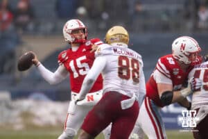 Nebraska Cornhuskers quarterback Dylan Raiola (15) throws the ball against the Boston College Eagles during the Pinstripe Bowl game, Saturday, December 28, 2024, in New York, New York. Photo by John S. Peterson.