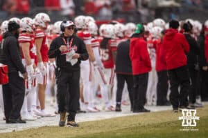 Nebraska Cornhuskers offensive coordinator Dana Holgorsen watching the action on the field against the Boston College Eagles during the Pinstripe Bowl game, Saturday, December 28, 2024, in New York, New York. Photo by John S. Peterson.