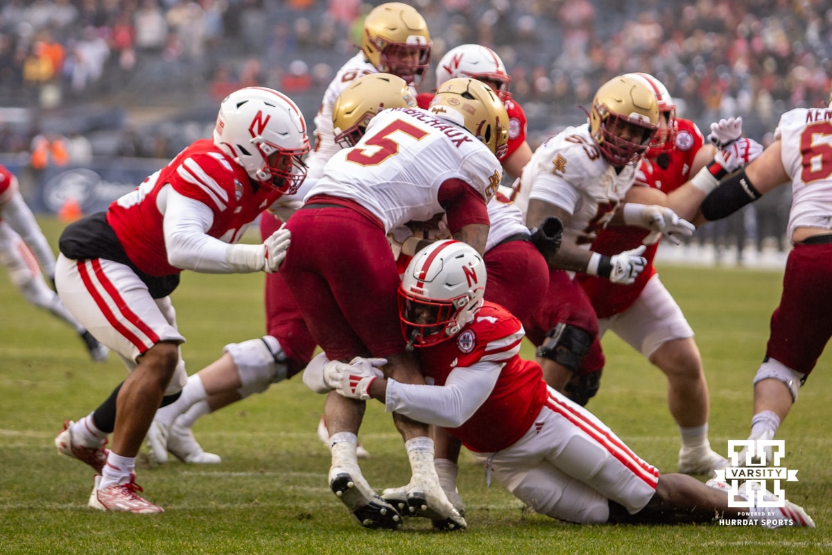 Pinstripe Bowl Nebraska v Boston College | December 28, 2024. Nebraska Cornhuskers linebacker Vincent Shavers Jr. (1) tackles Boston College Eagles running back Kye Robichaux (5) during the Pinstripe Bowl game, Saturday, December 28, 2024, in New York, New York. Photo by John S. Peterson.