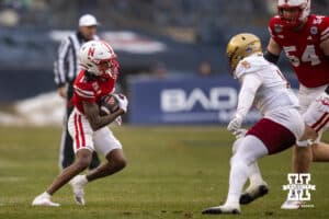 Nebraska Cornhuskers wide receiver Jacory Barney Jr. (17) runs with the ball against the Boston College Eagles during the Pinstripe Bowl game, Saturday, December 28, 2024, in New York, New York. Photo by John S. Peterson.