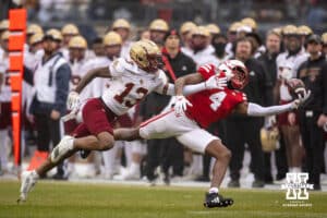 Nebraska Cornhuskers wide receiver Jahmal Banks (4) makes a catch against Boston College Eagles defensive back Max Tucker (13) during the Pinstripe Bowl game, Saturday, December 28, 2024, in New York, New York. Photo by John S. Peterson.