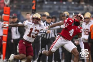 Nebraska Cornhuskers wide receiver Jahmal Banks (4) goes out for a pass against Boston College Eagles defensive back Max Tucker (13) during the Pinstripe Bowl game, Saturday, December 28, 2024, in New York, New York. Photo by John S. Peterson.