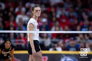 Nebraska Cornhuskers setter Bergen Reilly (2) watches the serve from Penn St during the semi-final round in the NCAA championship Thursday, December 19, 2024, in Louisville, Kentucky. Photo by John S. Peterson.