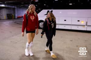 Nebraska Cornhuskers Leyla Blackwell, and Maisie Boesiger arrives at the KFC Yum! Arena for practice and media day at the NCAA championships Wednesday, December 18, 2024, in Louisville, Kentucky. Photo by John S. Peterson.