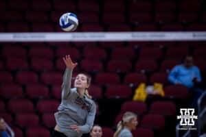 Nebraska Cornhuskers middle blocker Rebekah Allick (5) serves the ball during practice and media day of the NCAA championships Wednesday, December 18, 2024, in Louisville, Kentucky. Photo by John S. Peterson.