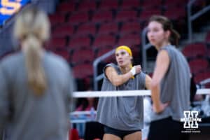 Pittsburgh Panters Valeria Vazquez Gomez rolls her sleeves up ball during practice at the NCAA championships Wednesday, December 18, 2024, in Louisville, Kentucky. Photo by John S. Peterson.