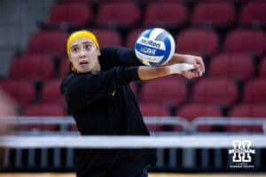 Pittsburgh Panters Valeria Vazquez Gomez digs the ball during practice at the NCAA championships Wednesday, December 18, 2024, in Louisville, Kentucky. Photo by John S. Peterson.