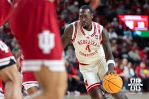 Nebraska Cornhuskers forward Juwan Gary (4) dribbles the ball against the Indiana Hoosiers during a college basketball game Friday, December 13, 2024 in Lincoln, Nebraska. Photo by Jaelle Johnson.