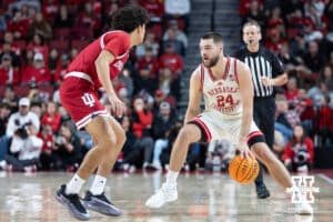 Nebraska Cornhuskers guard Rollie Worster (24) dribbles the ball against the Indiana Hoosiers in the first half during a college basketball game Friday, December 13, 2024 in Lincoln, Nebraska. Photo by Jaelle Johnson.