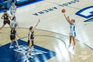 Creighton Bluejays Mallory Brake shoots the ball during a college basketball game against the Wyoming Cowgirls on December 17th, 2024 in Omaha Nebraska. Photo by Brandon Tiedemann.