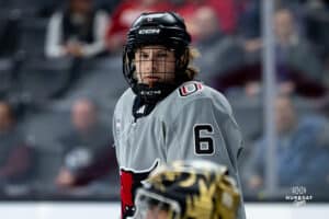 Forward, Zach Urdahl, during a hockey match at Baxter Arena on Saturday, December 14, 2024, in Omaha, Nebraska. Photo by Collin Stilen.