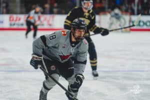 Forward, Myles Hilman, during a hockey match at Baxter Arena on Saturday, December 14, 2024, in Omaha, Nebraska. Photo by Collin Stilen.