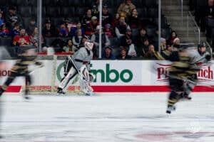 Goalkeeper Kevin Reidler during a hockey match at Baxter Arena on Saturday, December 14, 2024, in Omaha, Nebraska. Photo by Collin Stilen.