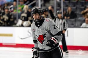 Forward Tyler Rollwagen during a hockey match at Baxter Arena on Saturday, December 14, 2024, in Omaha, Nebraska. Photo by Collin Stilen.