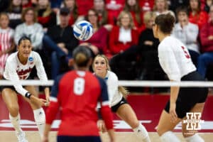 Nebraska Cornhuskers defensive specialist Laney Choboy (6) sets up to dig the ball against the Dayton Flyers during the first regional match in the NCAA championship Friday, December 13, 2024, in Lincoln, Nebraska. Photo by John S. Peterson.