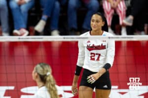 Nebraska Cornhuskers outside hitter Harper Murray (27) smiles in the second set against the Dayton Flyers during the first regional match in the NCAA championship Friday, December 13, 2024, in Lincoln, Nebraska. Photo by John S. Peterson.