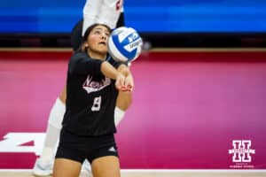 Nebraska Cornhuskers libero Lexi Rodriguez (8) digs the ball against the Dayton Flyers in the first set during the first regional match in the NCAA championship Friday, December 13, 2024, in Lincoln, Nebraska. Photo by John S. Peterson.