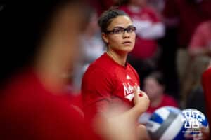 Nebraska Cornhuskers middle blocker Rebekah Allick (5) warming the serve against the Dayton Flyers during the first regional match in the NCAA championship Friday, December 13, 2024, in Lincoln, Nebraska. Photo by John S. Peterson.
